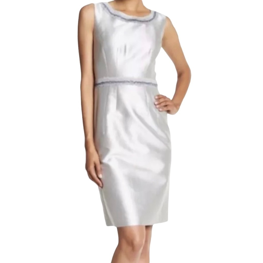 Lafayette 148 Silver Gray silk/cotton Sheath Dress Embroidered Blue Trim